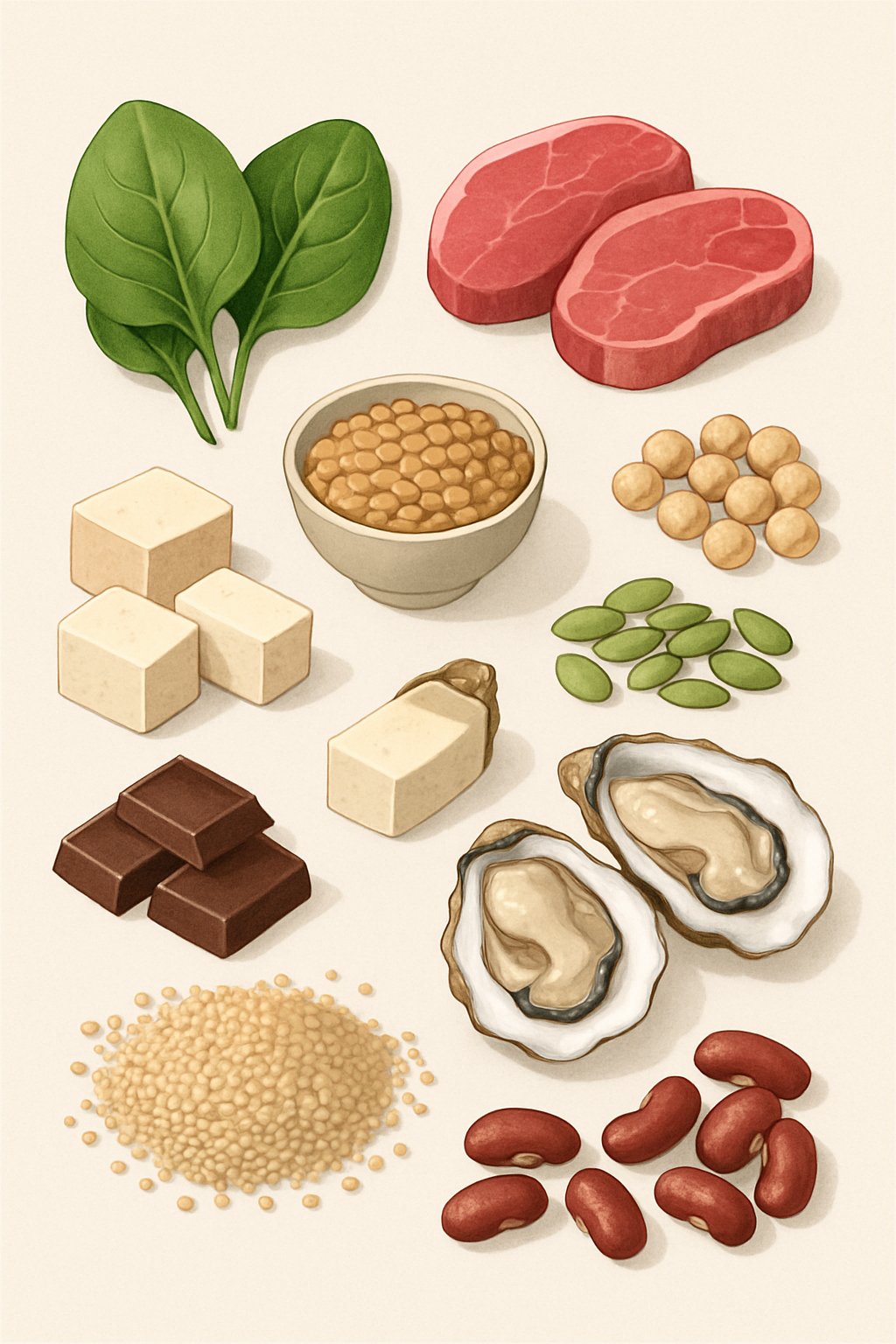 An assortment of ten iron-rich foods including spinach, red meat, lentils, chickpeas, pumpkin seeds, tofu, dark chocolate, quinoa, oysters, and kidney beans arranged neatly on a light background.