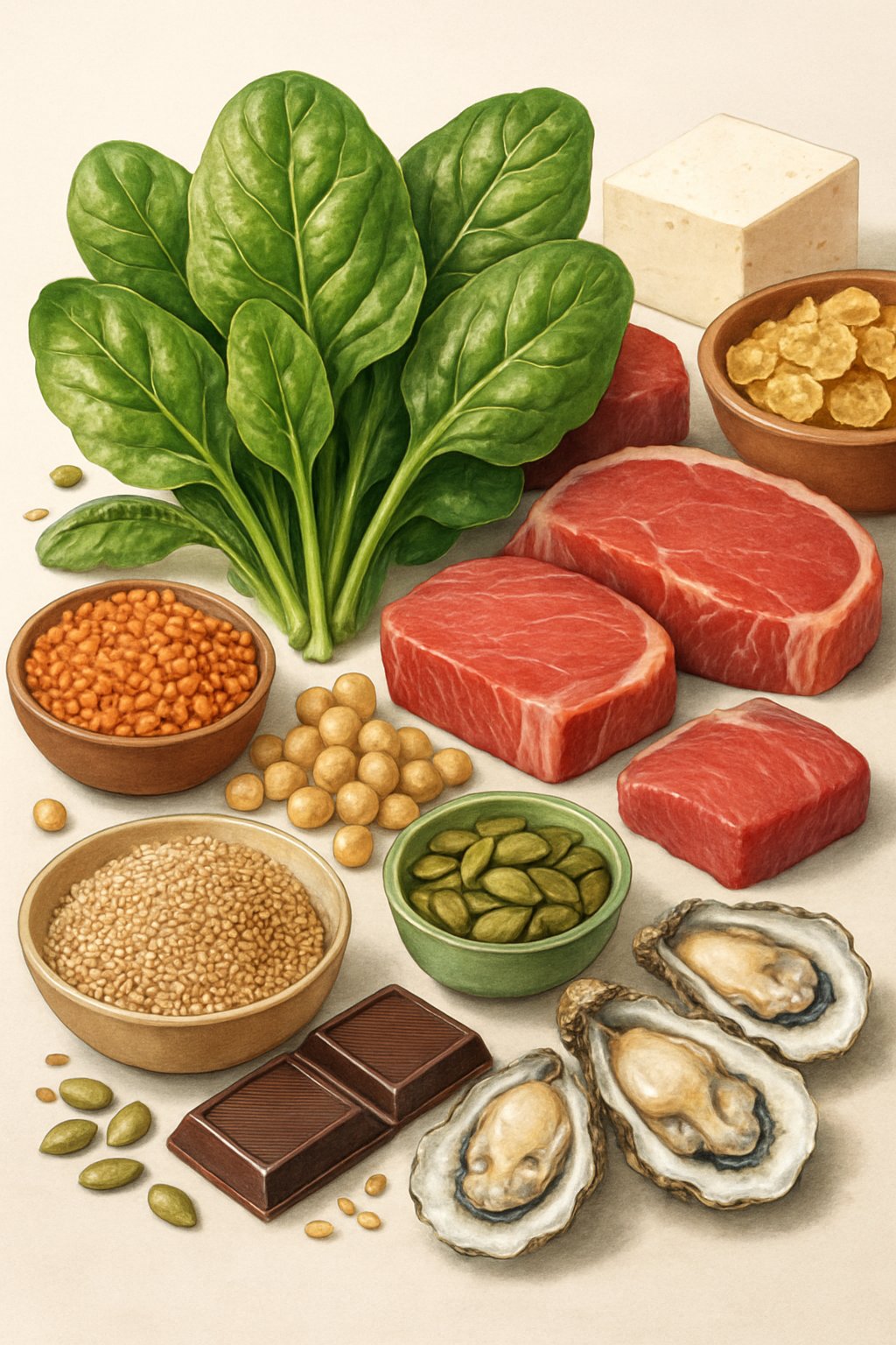 A collection of iron-rich foods including fresh spinach leaves, red meat, lentils, chickpeas, tofu, pumpkin seeds, quinoa, dark chocolate, and cooked oysters arranged together.