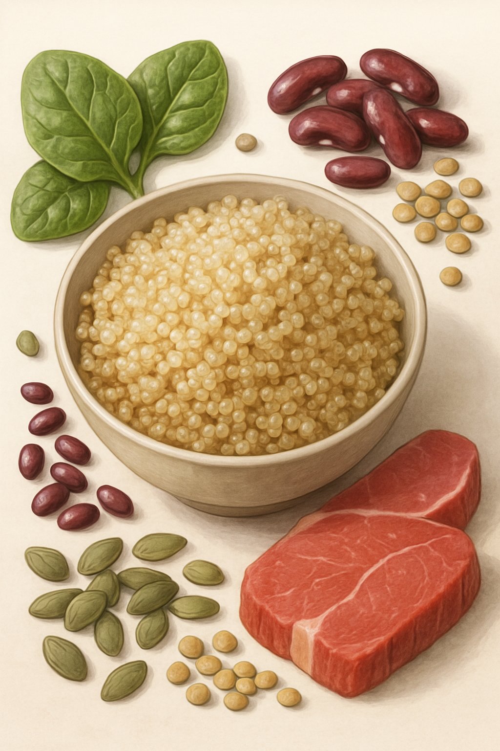 A bowl of cooked quinoa surrounded by spinach, beans, lentils, pumpkin seeds, and slices of red meat on a clean surface.