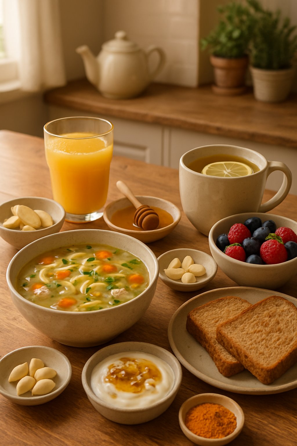 A kitchen table displaying ten different foods to eat when sick with a cold, including soup, orange juice, honey, ginger, tea with lemon, berries, garlic, yogurt, turmeric, and toast.