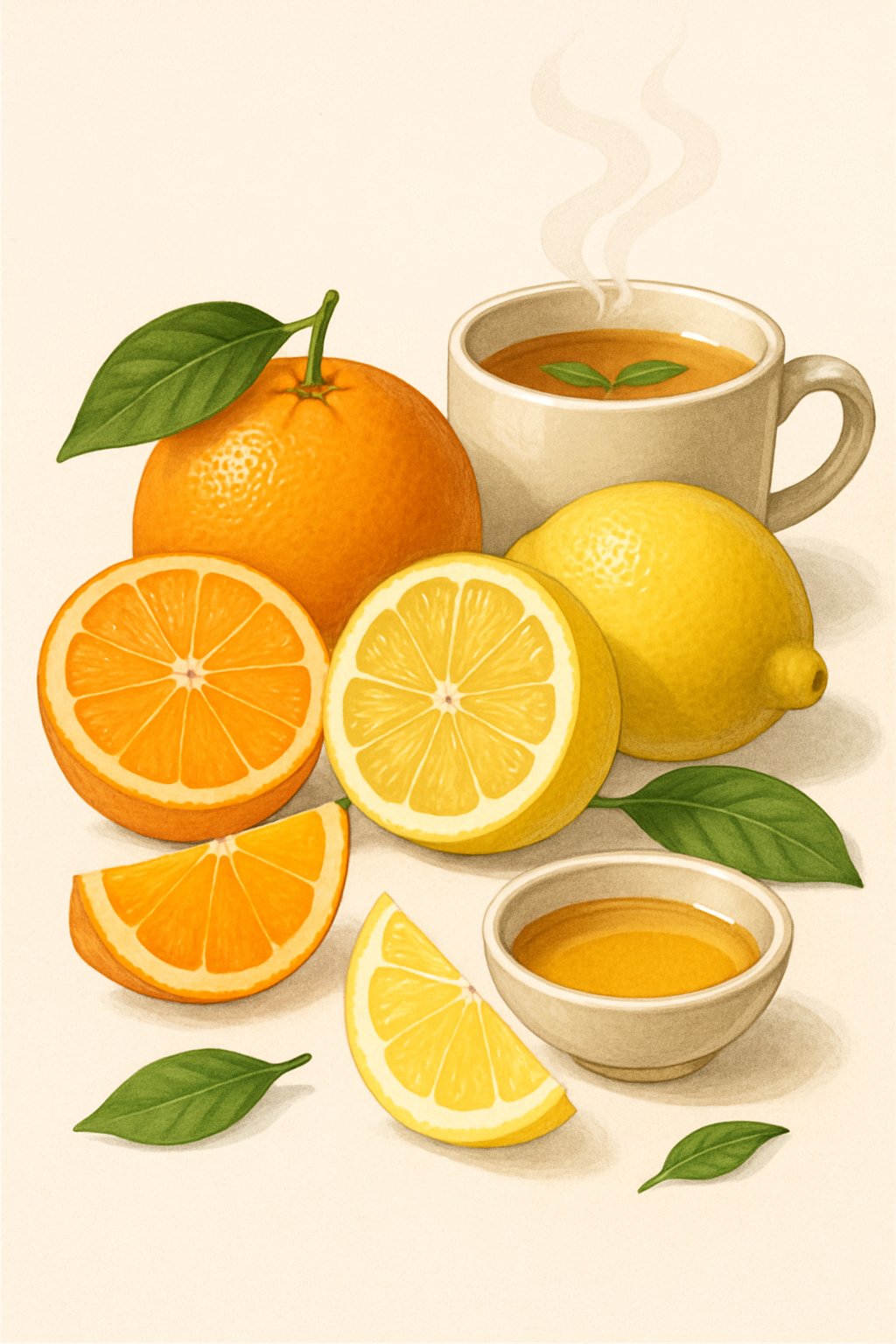 An arrangement of fresh oranges and lemons with a cup of tea and honey on a light background.