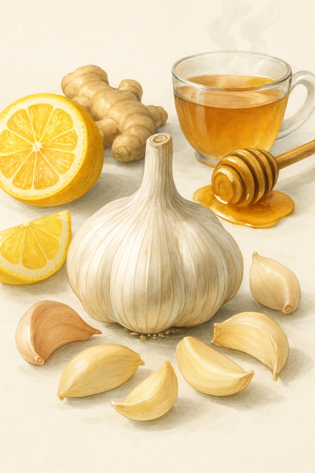 Fresh garlic bulb with peeled cloves surrounded by lemon slices, ginger root, honey, and a cup of herbal tea.