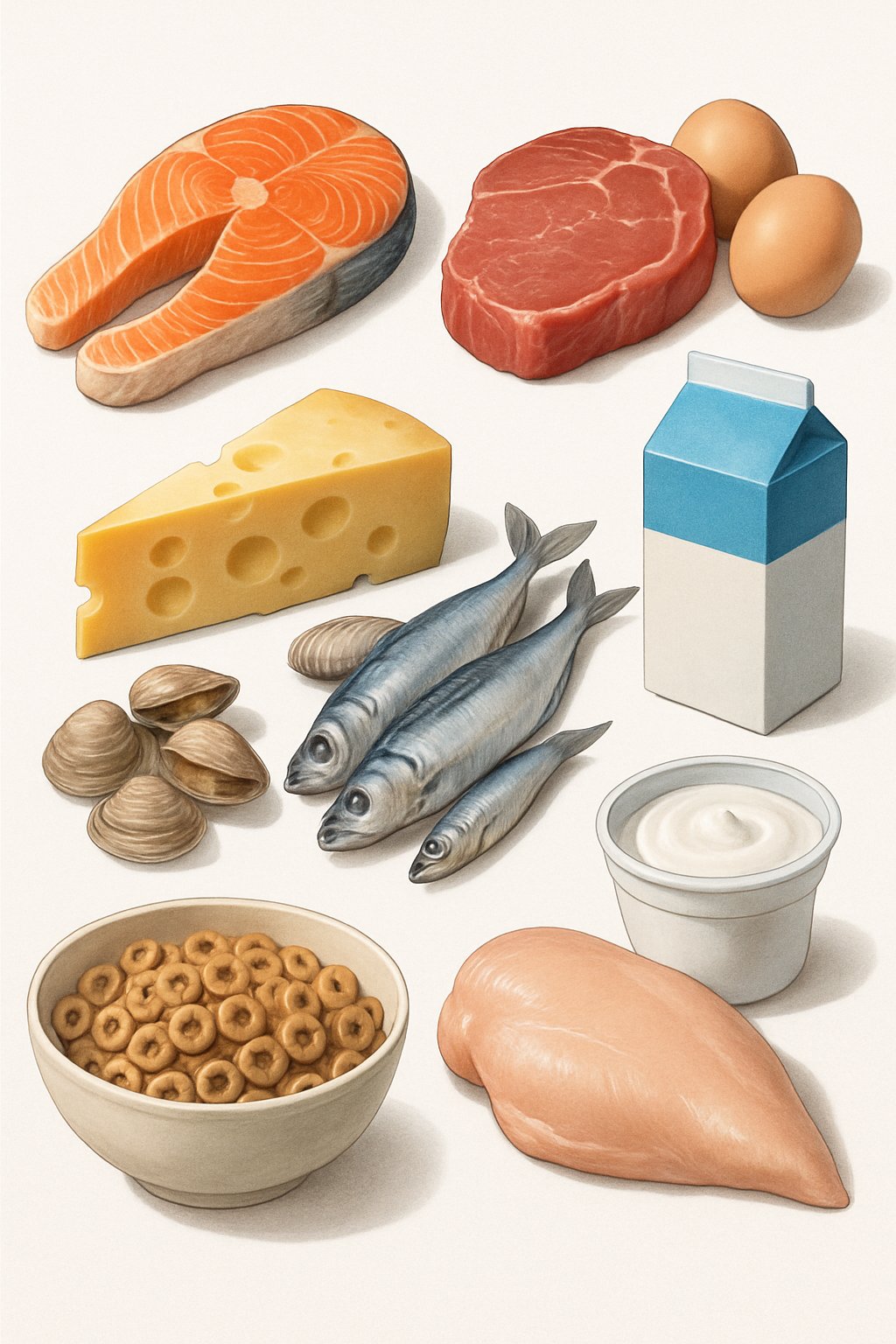 An arrangement of ten different foods rich in Vitamin B12 including salmon, beef, eggs, milk, cheese, clams, sardines, fortified cereal, yogurt, and chicken on a white background.