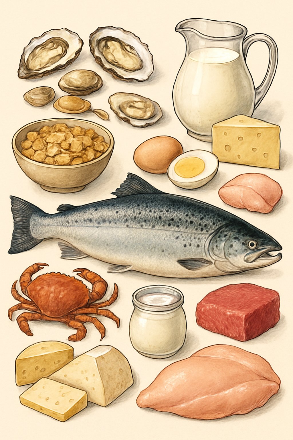 A fresh whole salmon surrounded by various foods rich in Vitamin B12 including clams, eggs, milk, beef, and cheese.