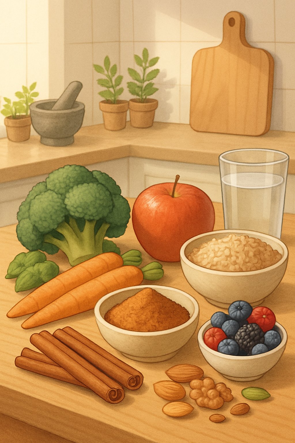 A kitchen table with cinnamon sticks and ground cinnamon surrounded by fresh fruits, vegetables, nuts, and whole grains.
