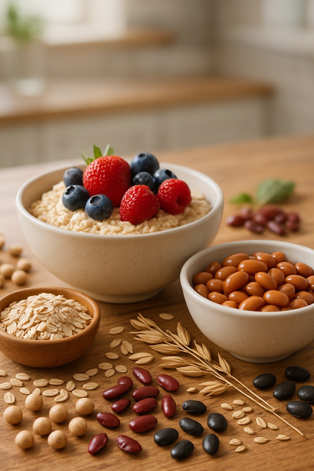 A bowl of oatmeal with berries and a dish of cooked beans arranged on a wooden table with grains and legumes around them.