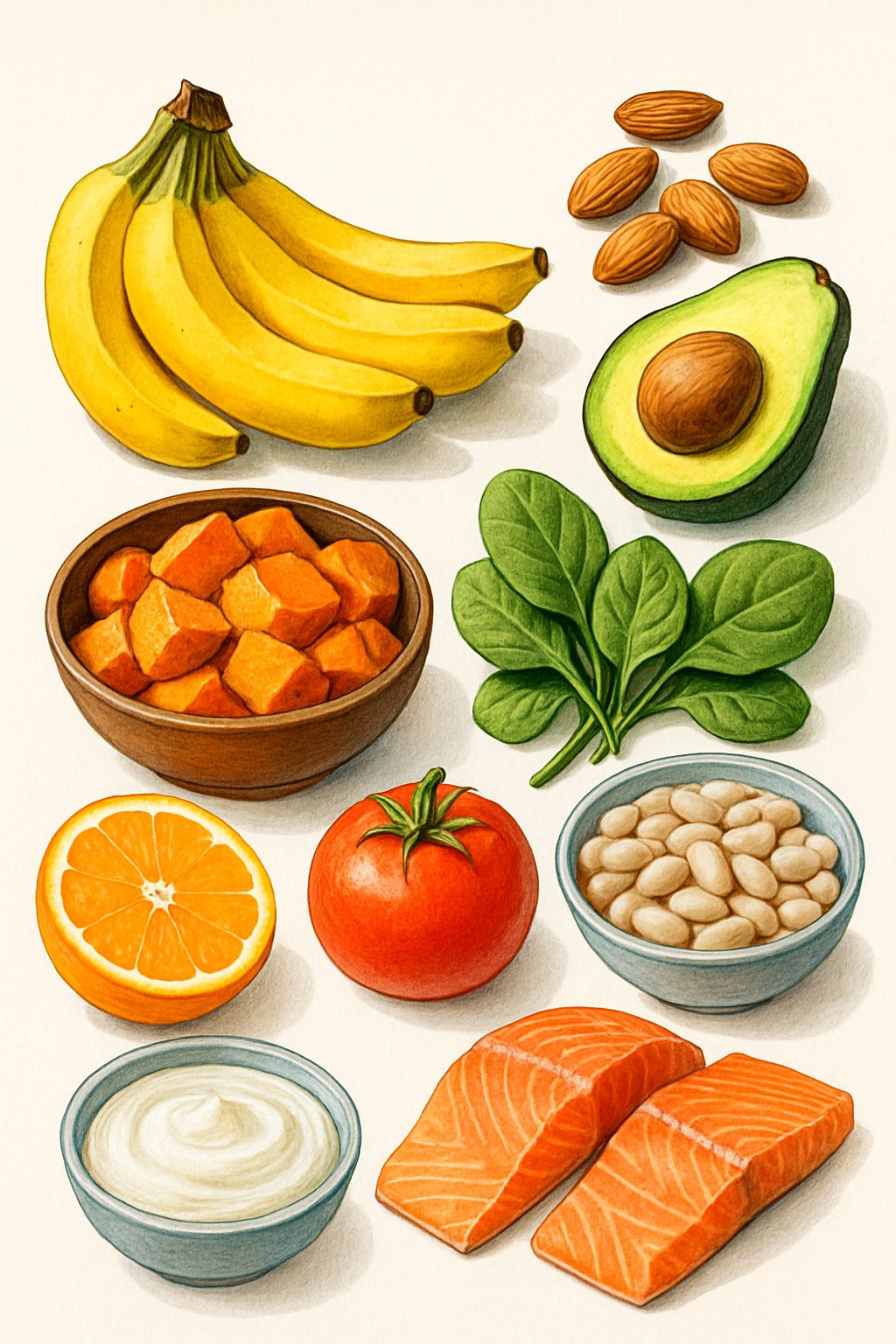 An arrangement of ten potassium-rich foods including bananas, sweet potatoes, avocado, almonds, spinach, white beans, orange, tomato, yogurt, and salmon on a white background.