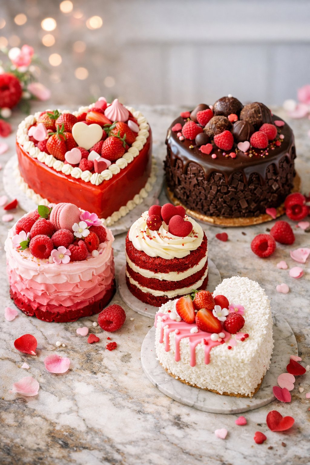 Five decorated Valentine's Day cakes displayed on a wooden or marble surface with fresh fruit and heart-shaped decorations.