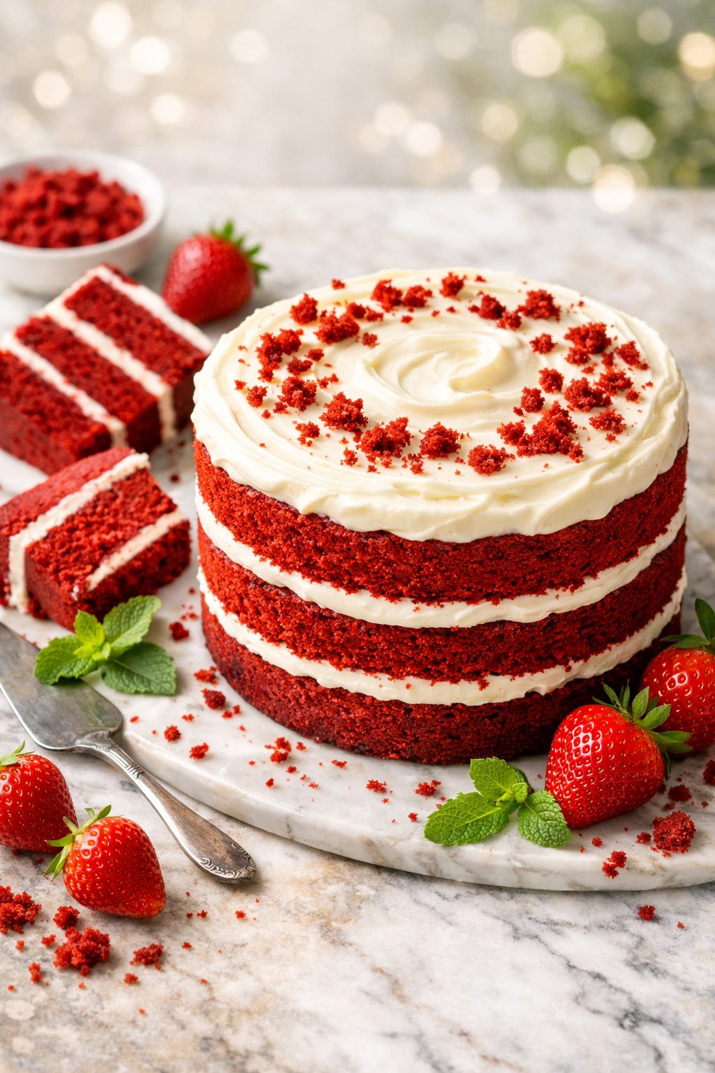 A red velvet cake with cream cheese frosting on a rustic surface, surrounded by fresh strawberries and mint leaves.