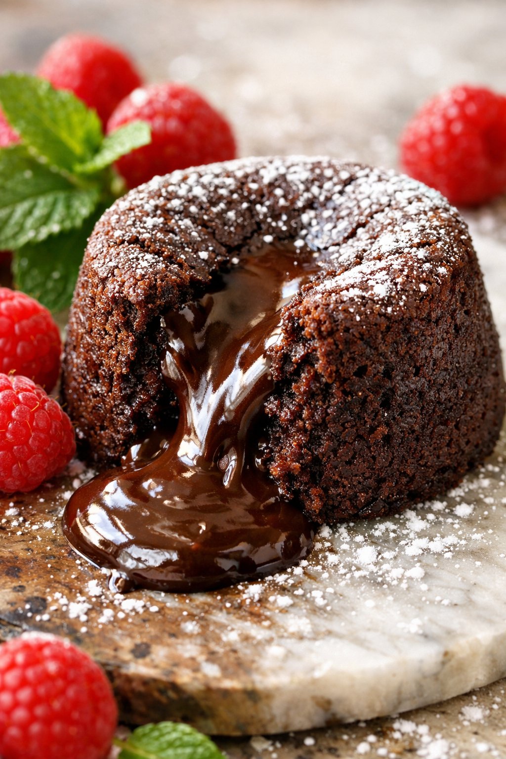 A chocolate lava cake with molten chocolate oozing from the center, garnished with raspberries and mint leaves on a rustic surface.