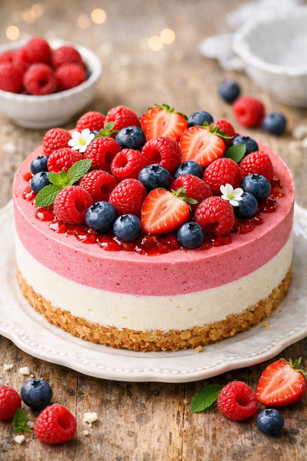 A raspberry mousse cake topped with fresh raspberries, blueberries, and strawberries on a rustic wood or marble surface.