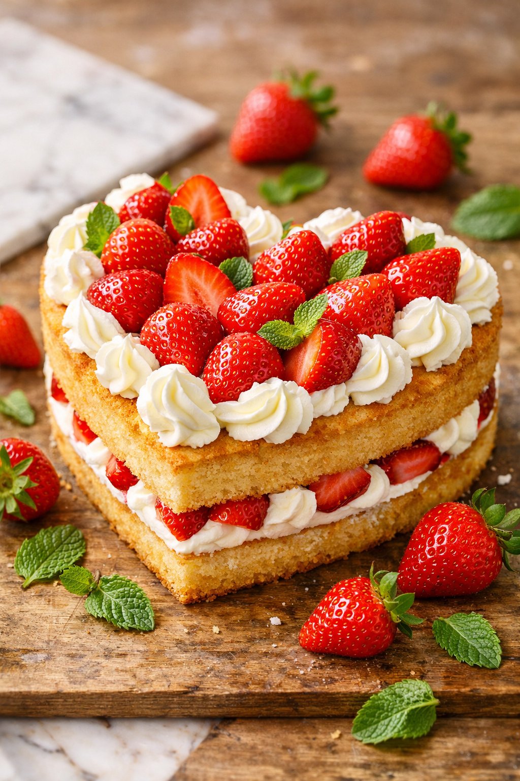 Heart-shaped strawberry shortcake topped with fresh strawberries and whipped cream on a rustic wooden surface, surrounded by scattered strawberries and mint leaves.