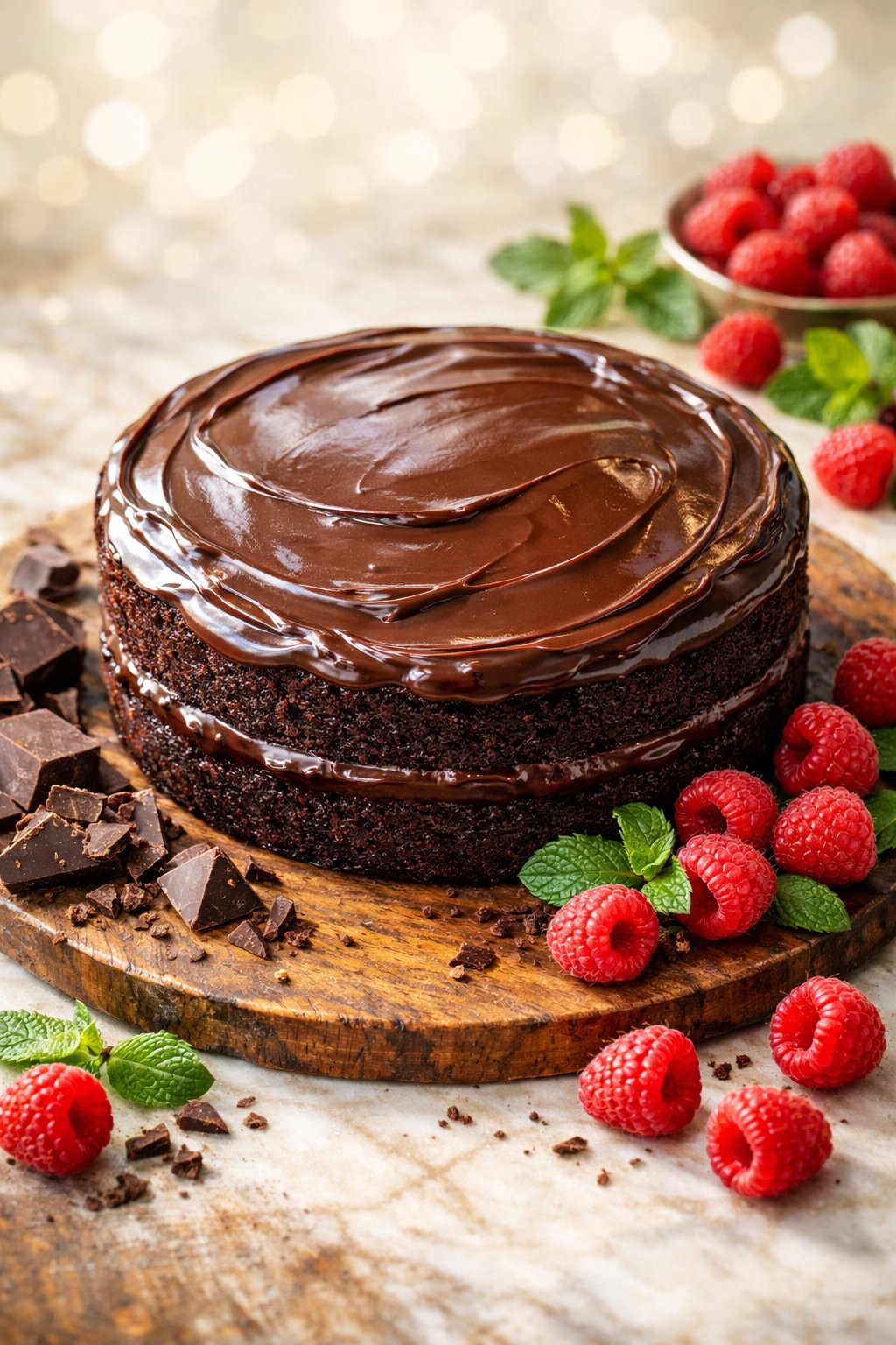 A chocolate ganache torte on a rustic wooden or marble surface with fresh raspberries and mint, photographed from above with a blurred background.