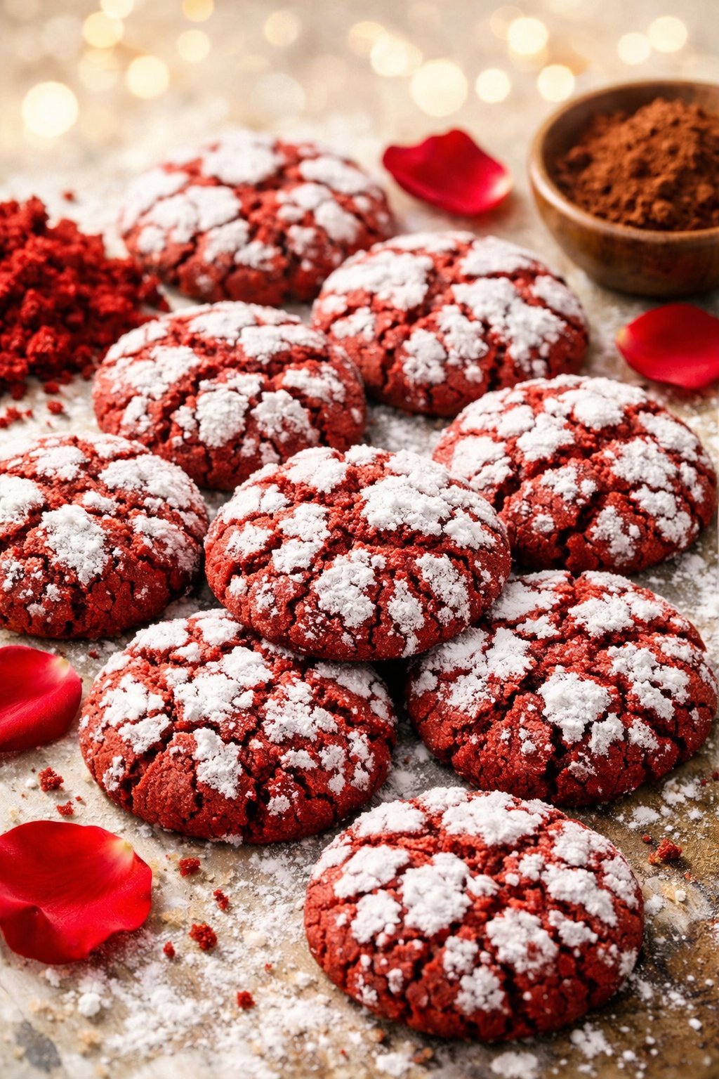 A plate of red velvet crinkle cookies dusted with powdered sugar on a wooden surface with scattered ingredients and rose petals.