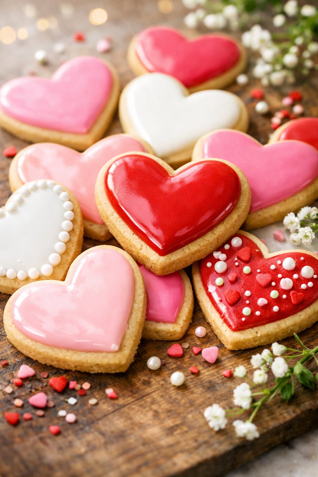 A close-up view of heart-shaped sugar cookies with colorful royal icing arranged on a rustic wooden or marble surface.