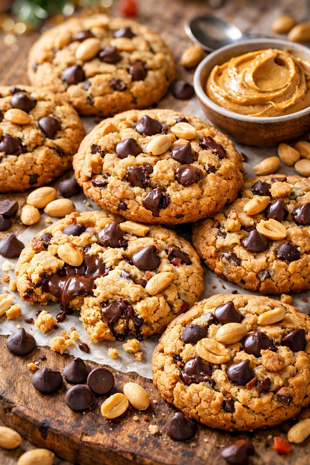 A plate of chocolate chip peanut butter cookies on a rustic surface with whole peanuts and a bowl of peanut butter nearby.
