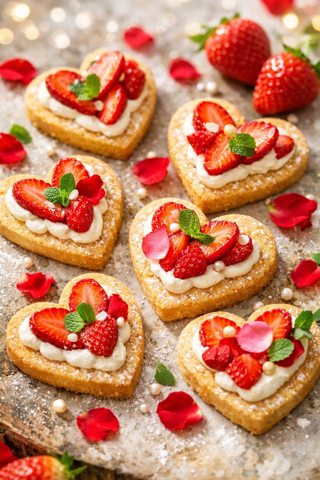 Six heart-shaped strawberry shortbread cookies arranged on a rustic surface with fresh strawberries and decorative accents.