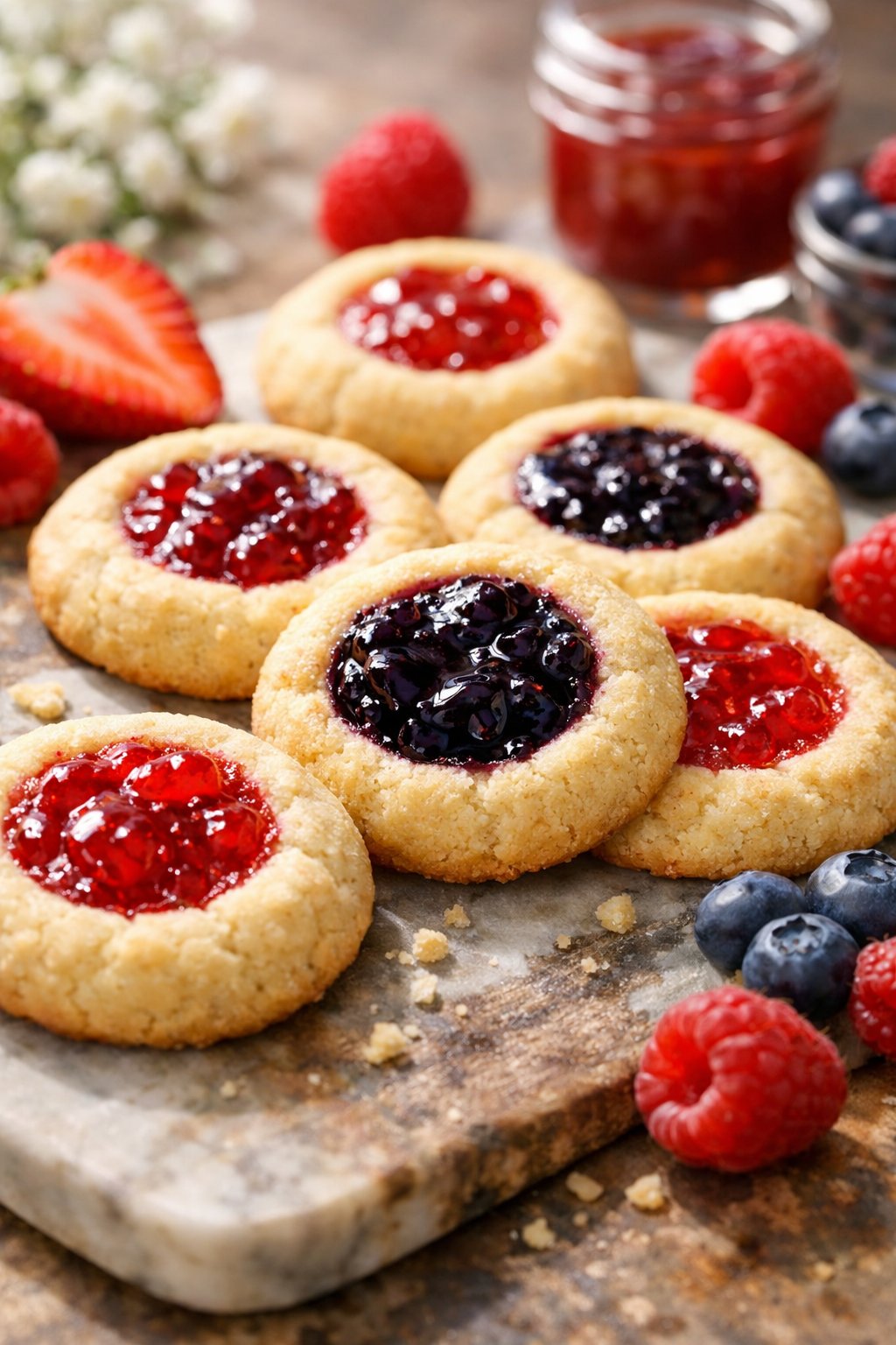 Close-up of jam-filled thumbprint cookies arranged on a rustic surface with bright natural light.