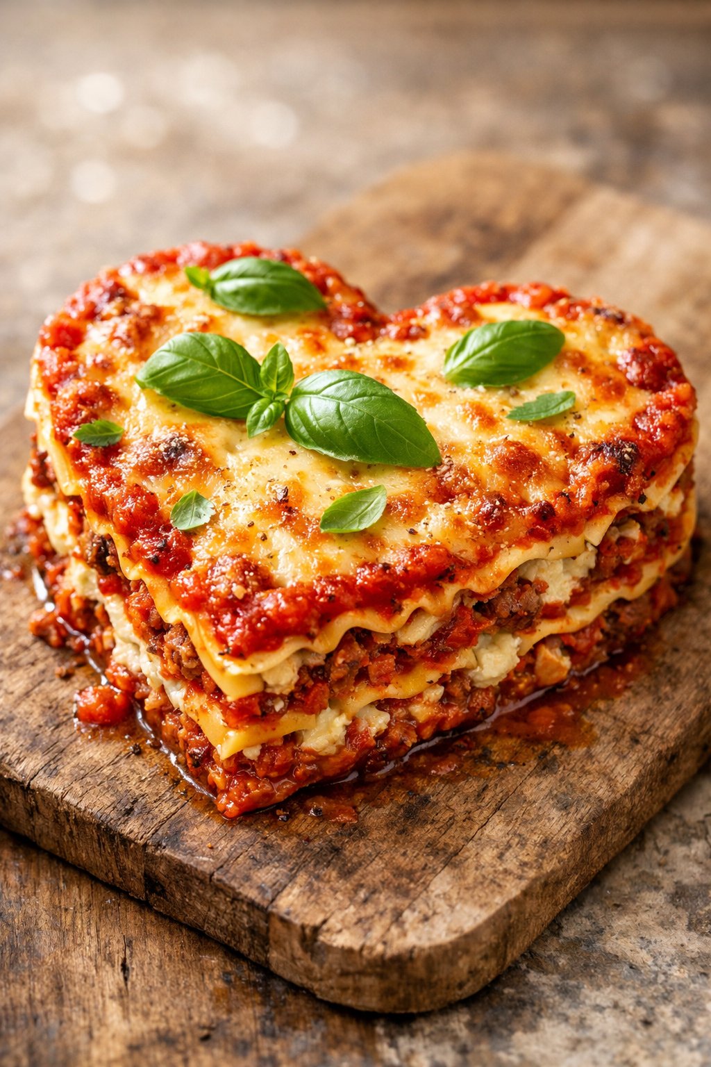 A heart-shaped lasagna on a wooden or marble surface, with fresh tomato sauce, melted cheese, and basil leaves.