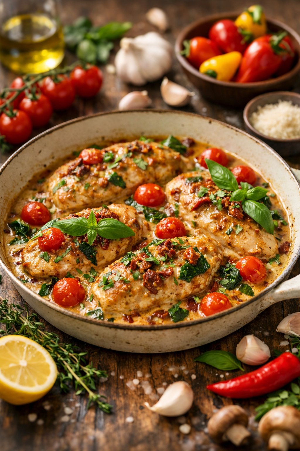 A plate of Marry Me Chicken with fresh herbs and vegetables on a rustic wood or marble surface.