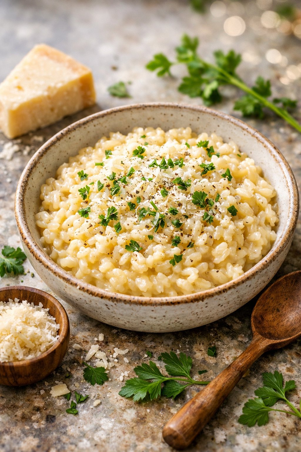 A bowl of creamy Parmesan risotto garnished with fresh herbs on a rustic wood or marble surface with fresh ingredients around it.