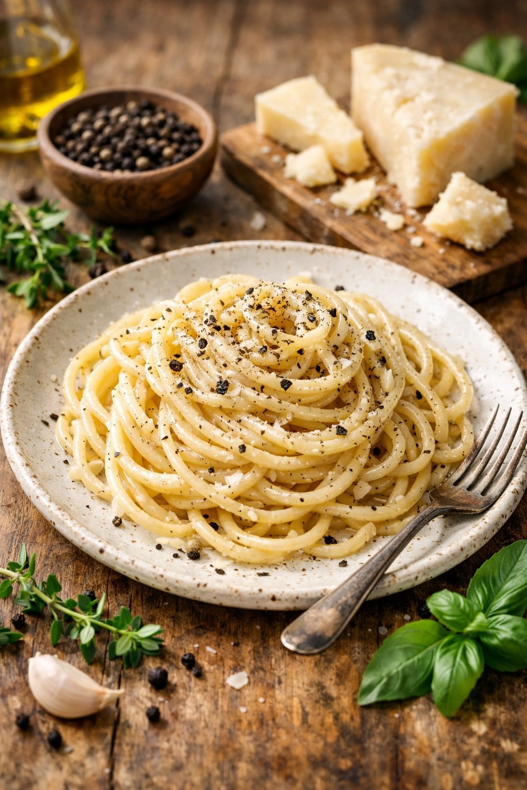 A plate of Cacio e Pepe pasta on a rustic wooden or marble surface with fresh ingredients around it.