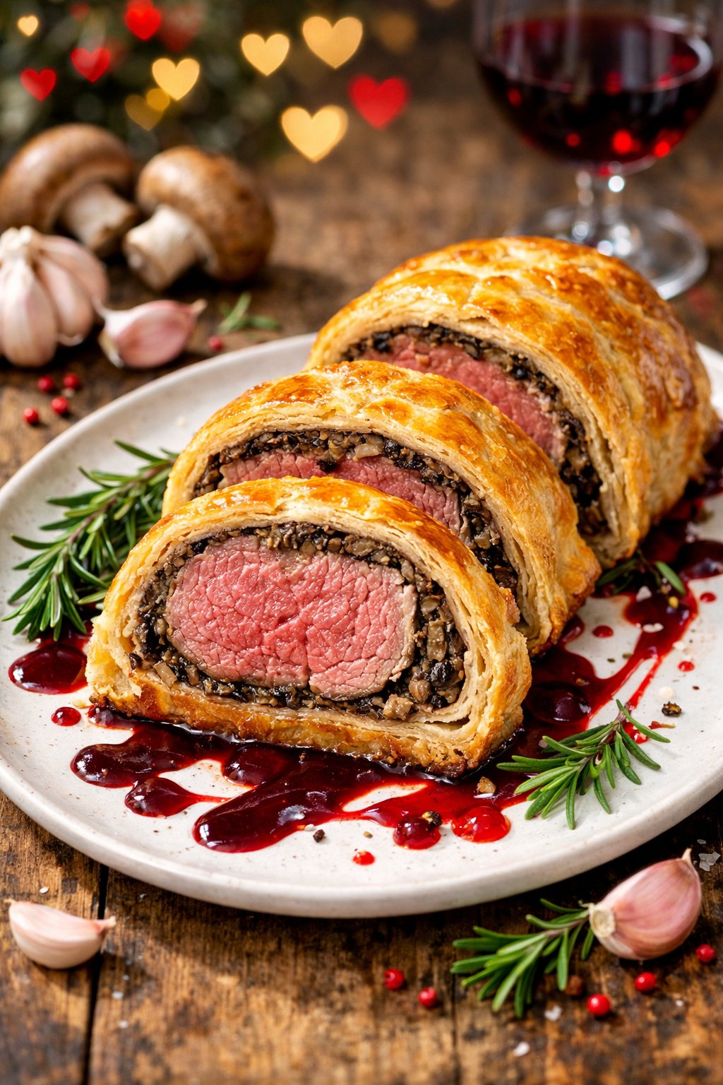 A sliced Beef Wellington on a rustic surface, surrounded by fresh herbs and ingredients.