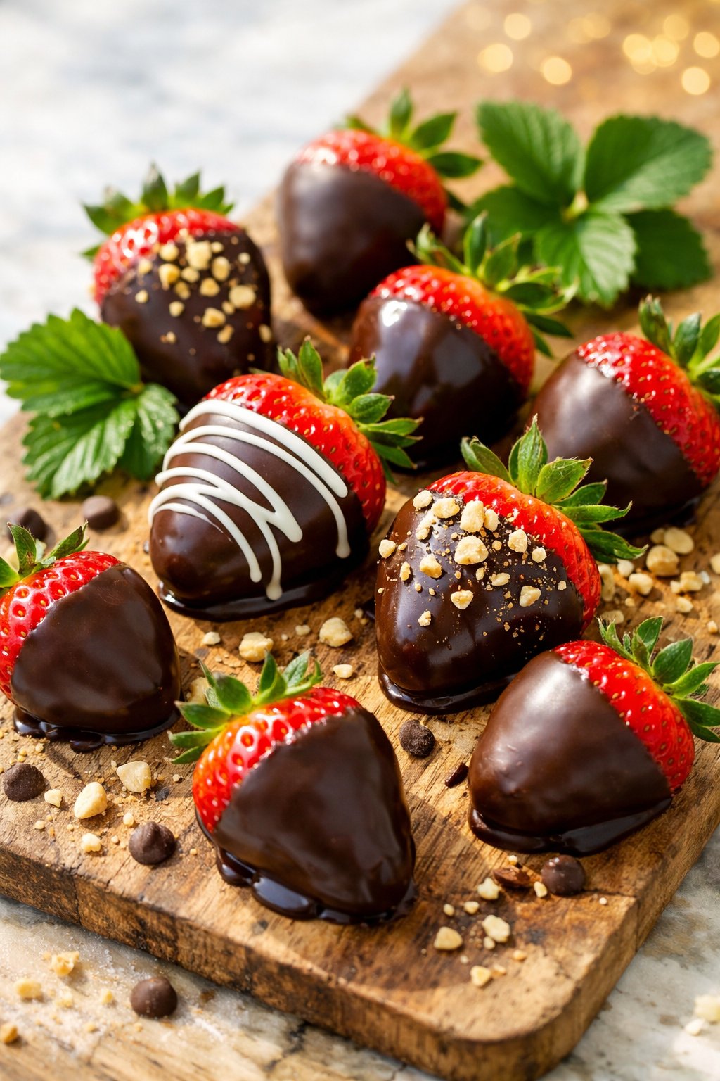 A close-up view of chocolate-covered strawberries arranged on a rustic wood surface with green leaves.