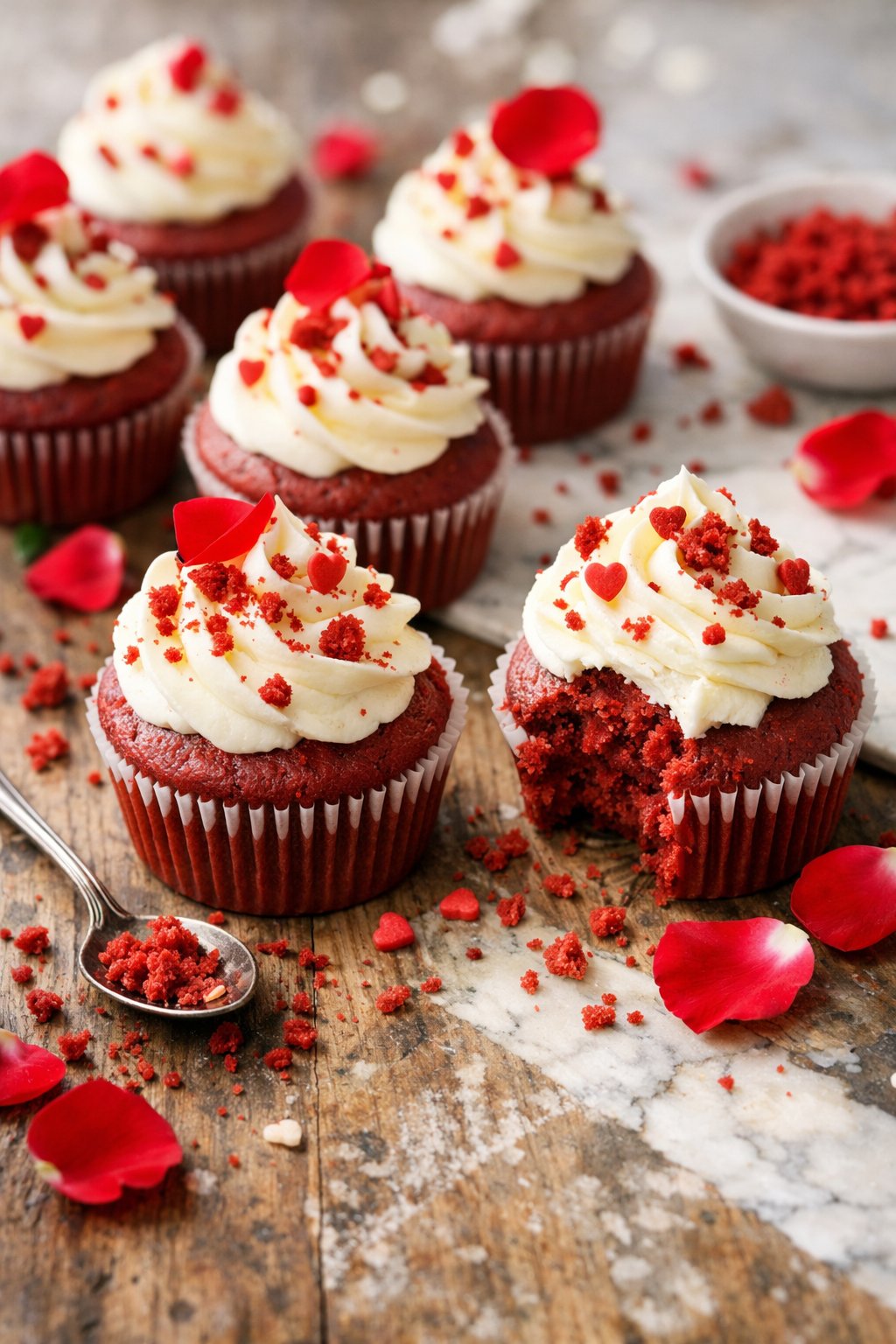 A group of red velvet cupcakes with cream cheese frosting arranged on a rustic wood surface.