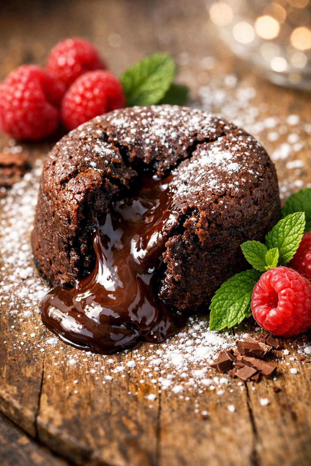 Close-up of a chocolate lava cake with melted center, garnished with raspberries and mint on a rustic wood surface.