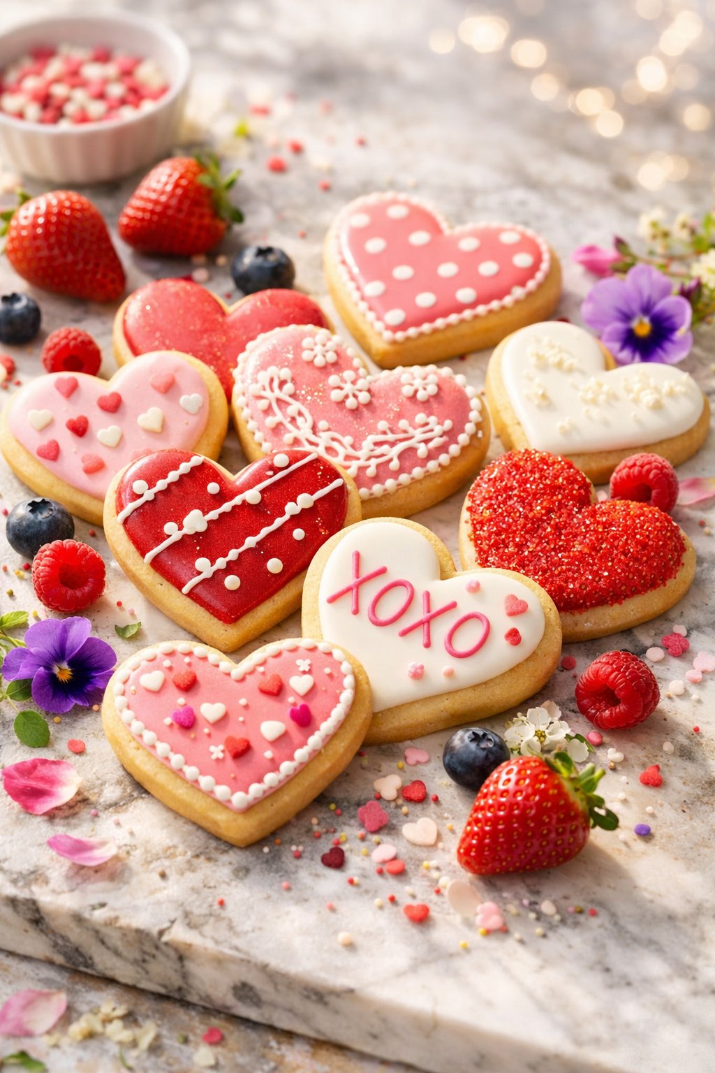 A close-up view of heart-shaped sugar cookies decorated with colorful sprinkles and fresh berries on a rustic wood or marble surface.