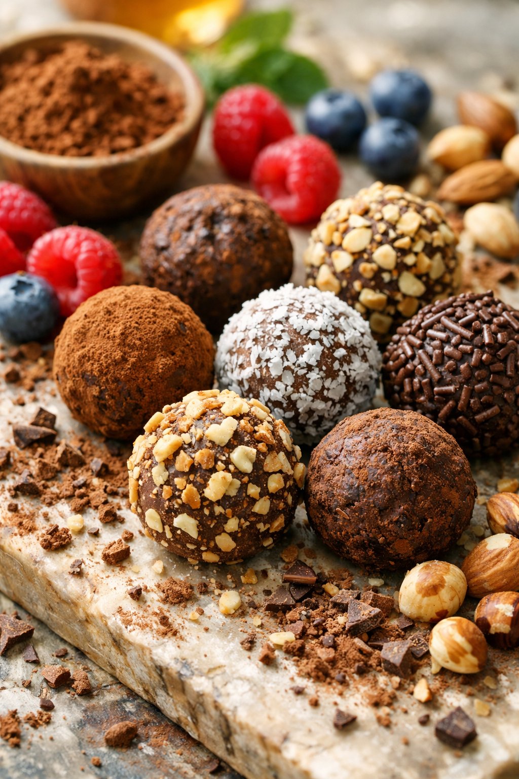 Close-up of homemade chocolate truffles on a rustic surface with fresh ingredients around them.