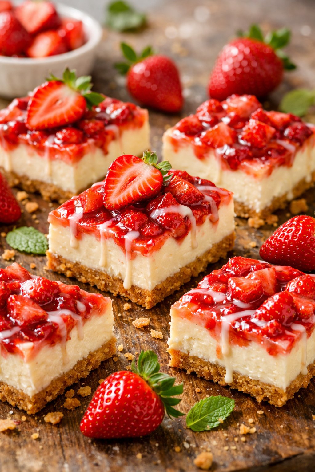 A plate of strawberry cheesecake bars topped with fresh strawberries on a rustic surface with blurred background.