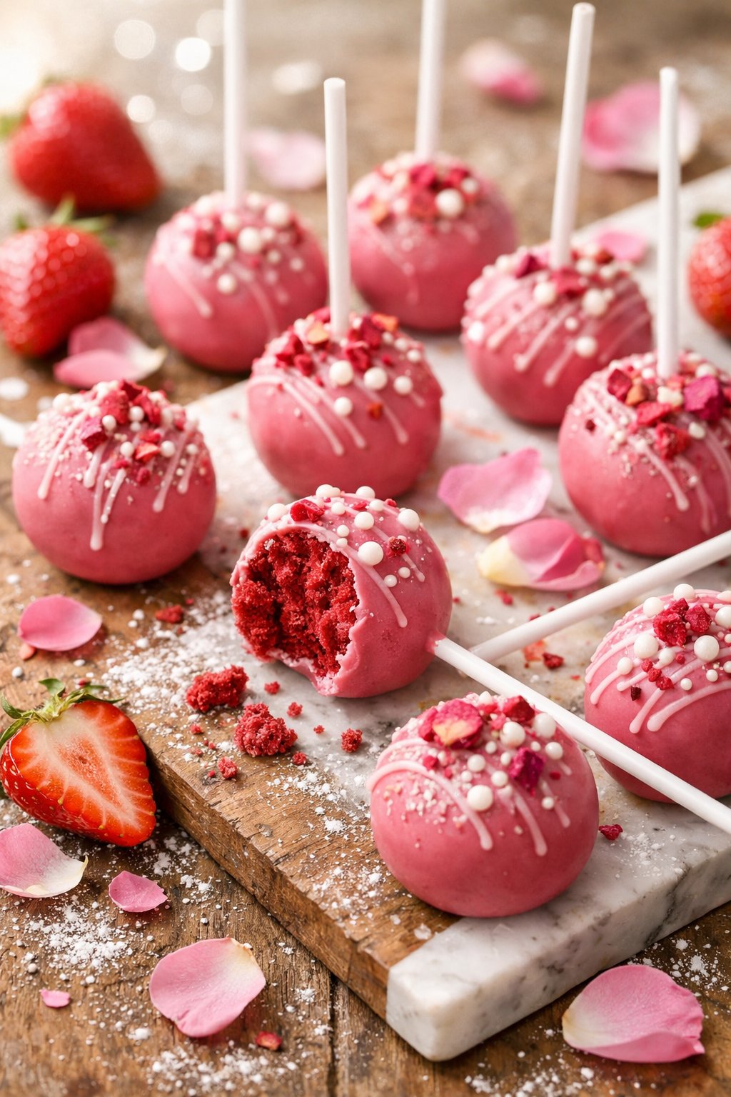 A close-up view of pink velvet cake pops on a rustic wooden surface with strawberries and rose petals around them.