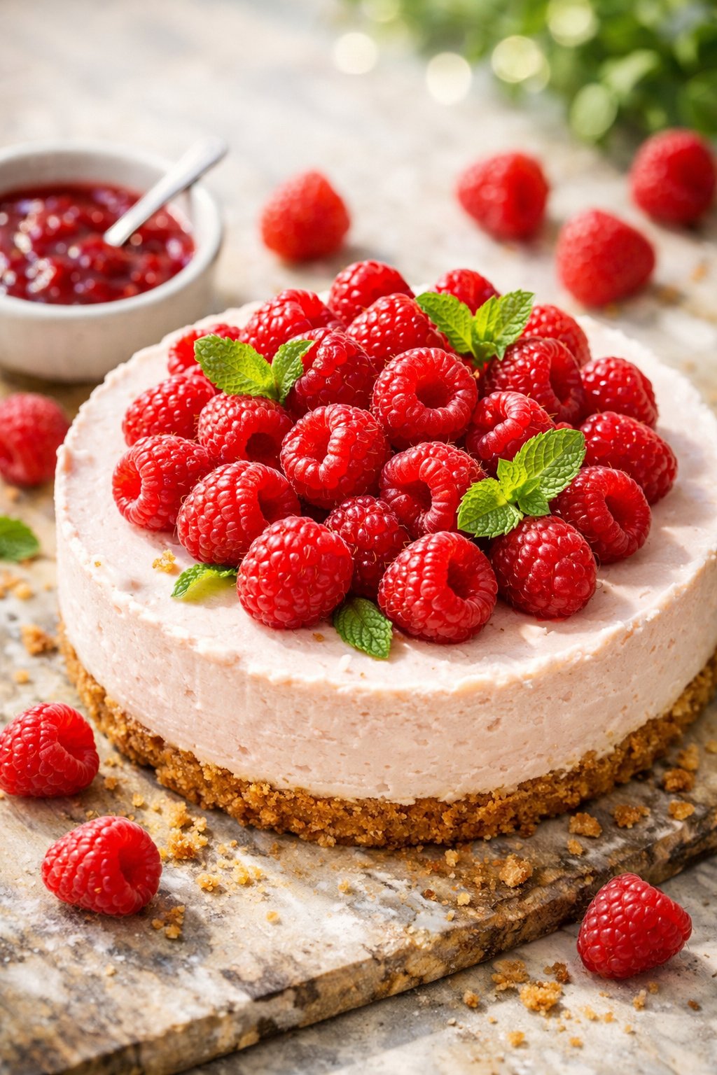 A no-bake raspberry cheesecake topped with fresh raspberries and mint on a rustic surface, surrounded by scattered raspberries and a bowl of raspberry sauce.