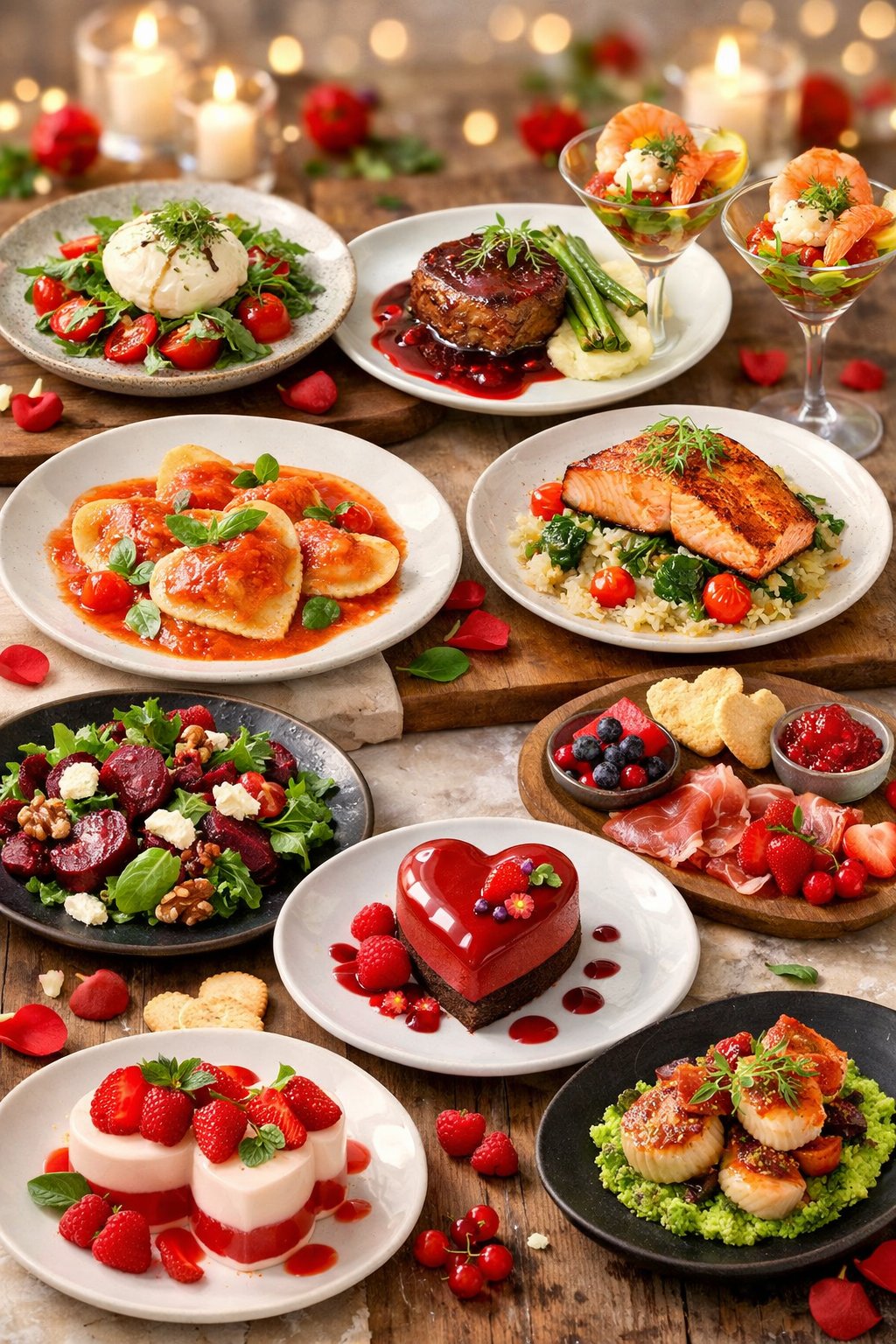 A table set with nine different Valentine's Day dinner dishes featuring fresh ingredients and vibrant colors, arranged on rustic wood and marble surfaces.