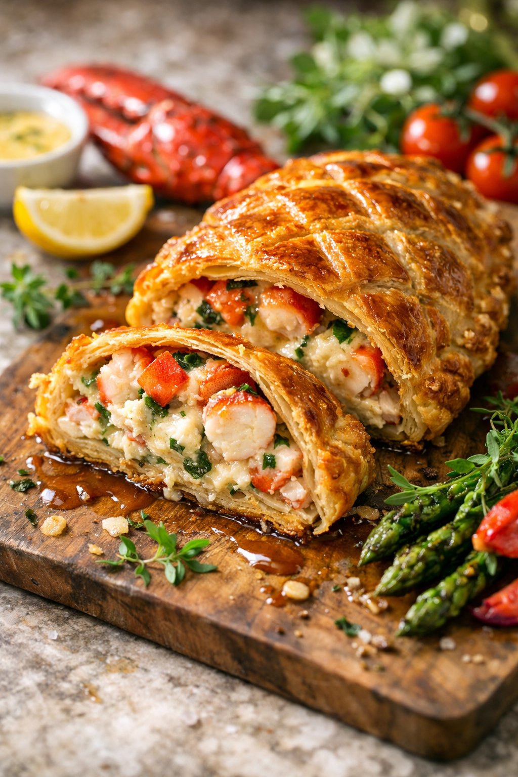 Close-up of a Lobster Wellington dish on a rustic surface with fresh herbs and vibrant colors.