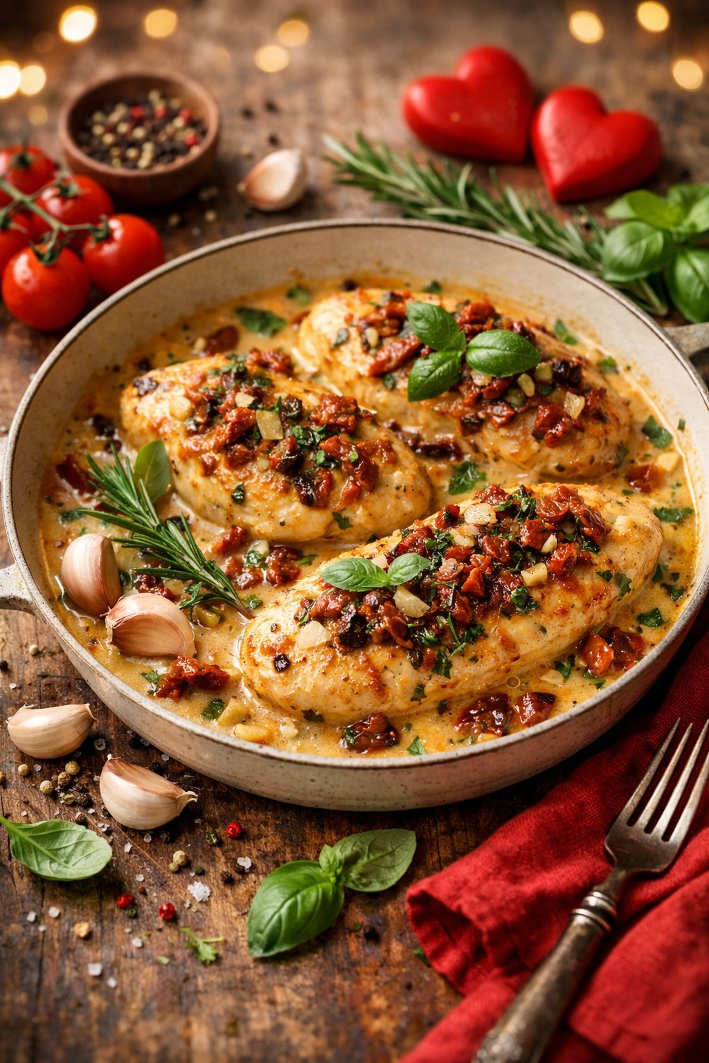 Overhead view of a plated chicken dish with sun-dried tomato sauce, fresh herbs, and cherry tomatoes on a rustic wooden surface.