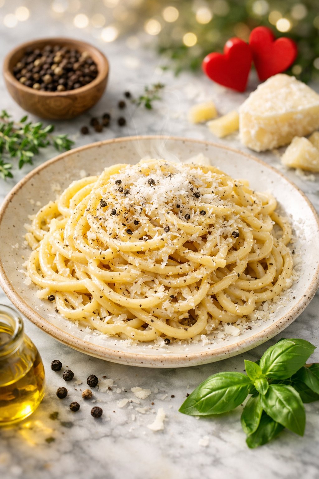 A plate of Cacio e Pepe pasta on a rustic surface with fresh ingredients around it.