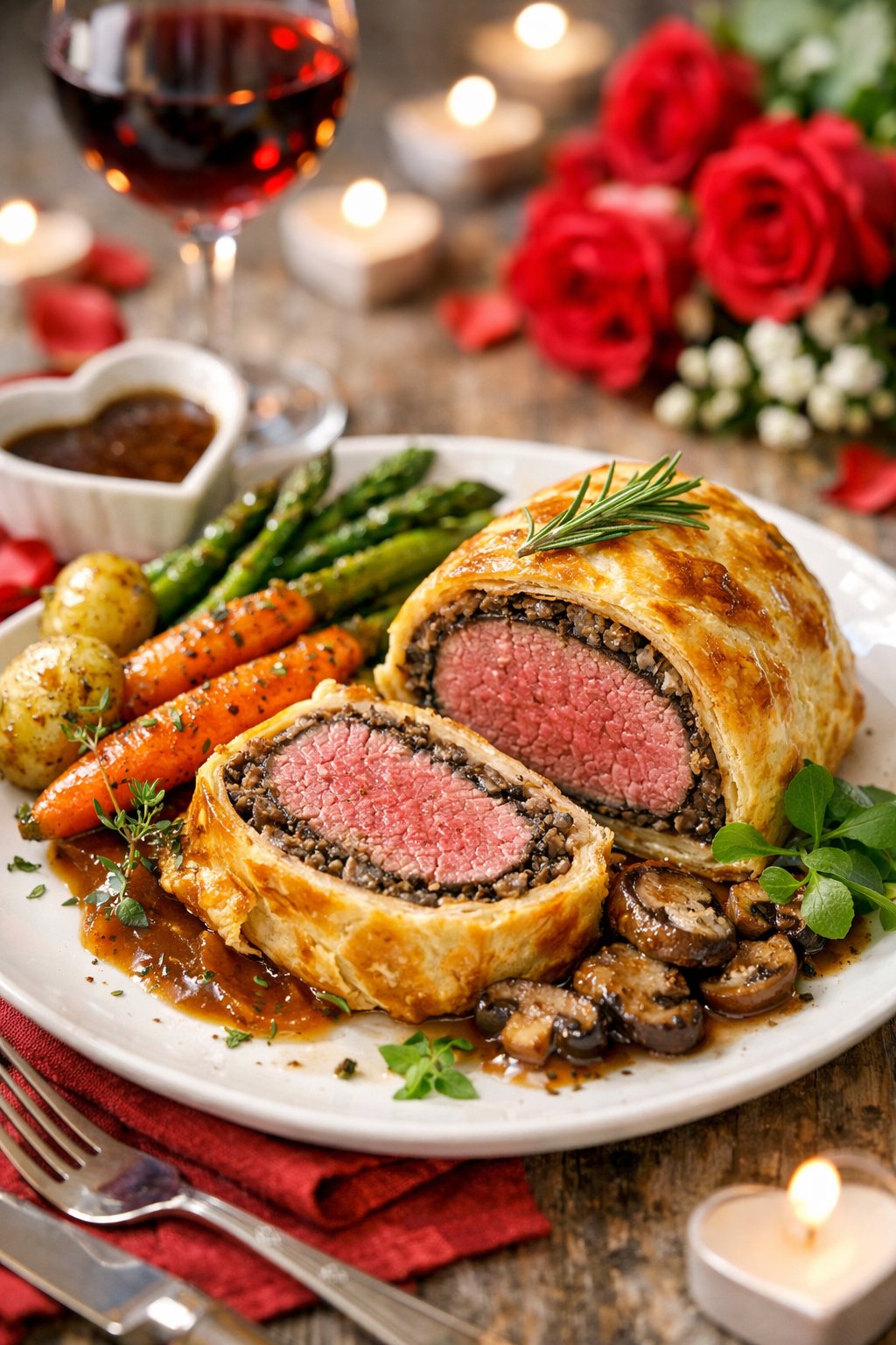 A plated Beef Wellington with roasted vegetables and fresh herbs on a rustic surface.