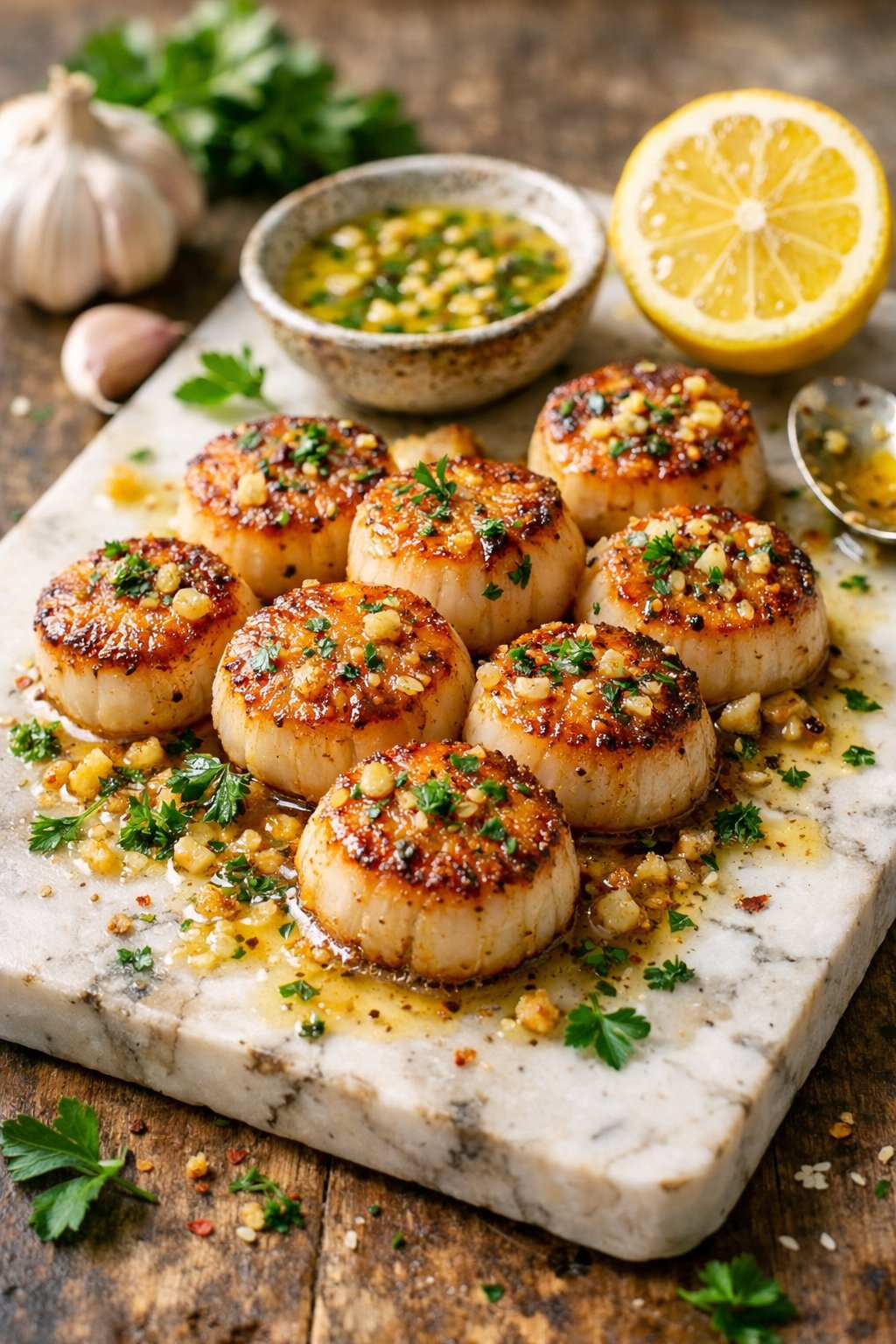 Close-up of seared scallops with garlic butter on a rustic surface, garnished with fresh herbs.