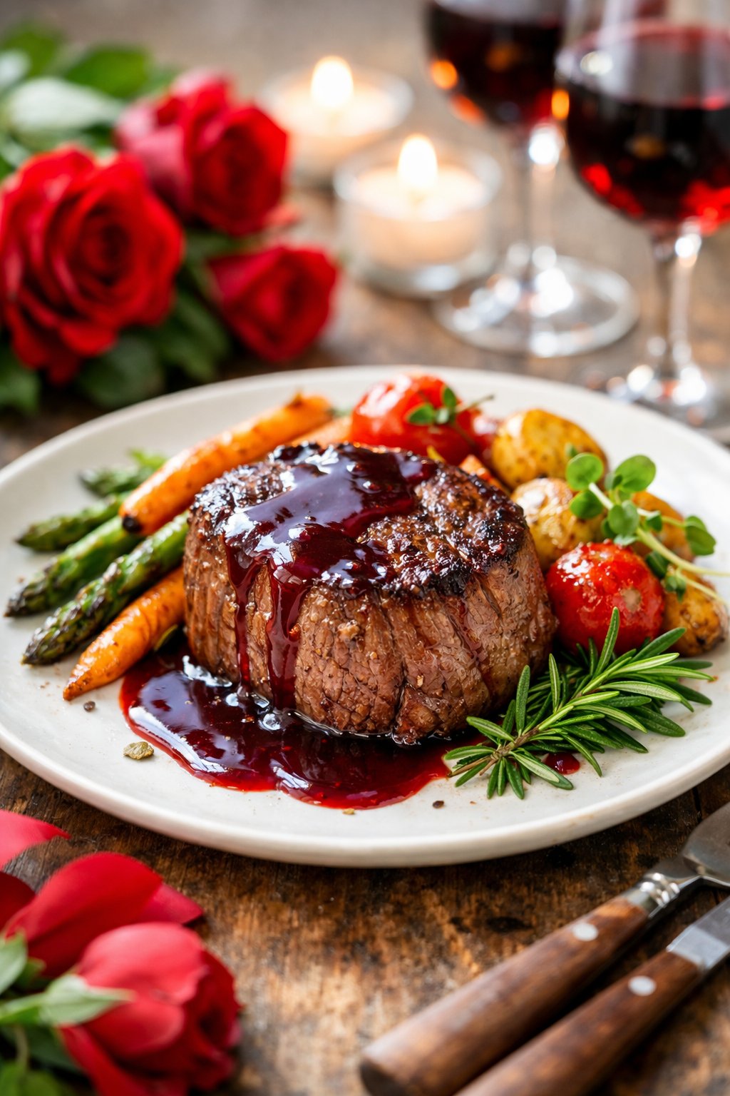 A plate of filet mignon with red wine sauce and roasted vegetables on a rustic surface.
