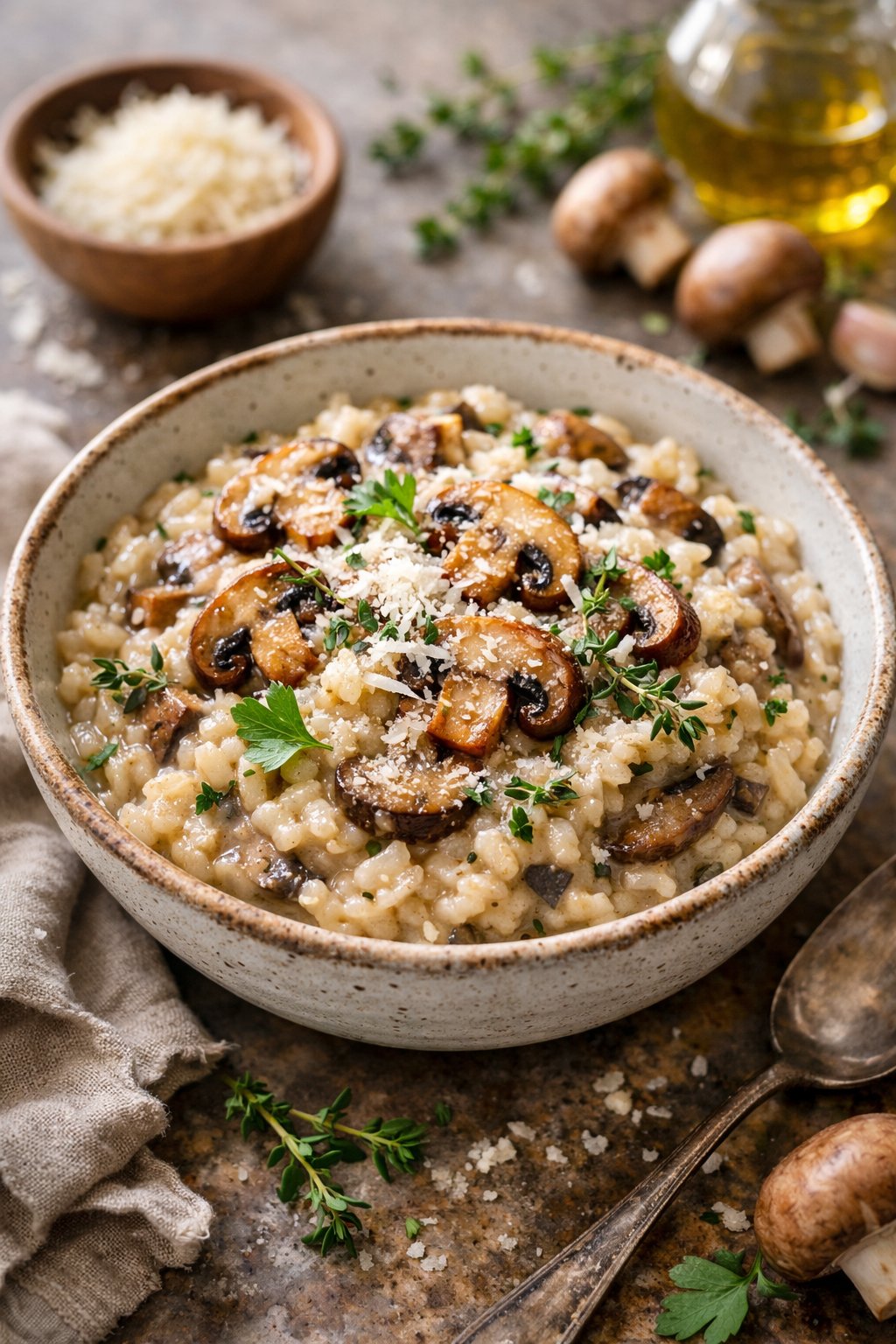 A bowl of creamy mushroom risotto garnished with herbs on a rustic wood or marble surface.