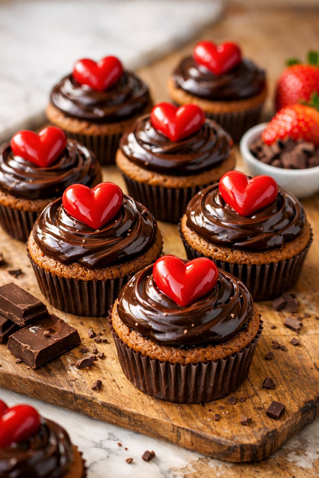 A group of chocolate cupcakes topped with heart-shaped chocolate decorations arranged on a wooden surface.