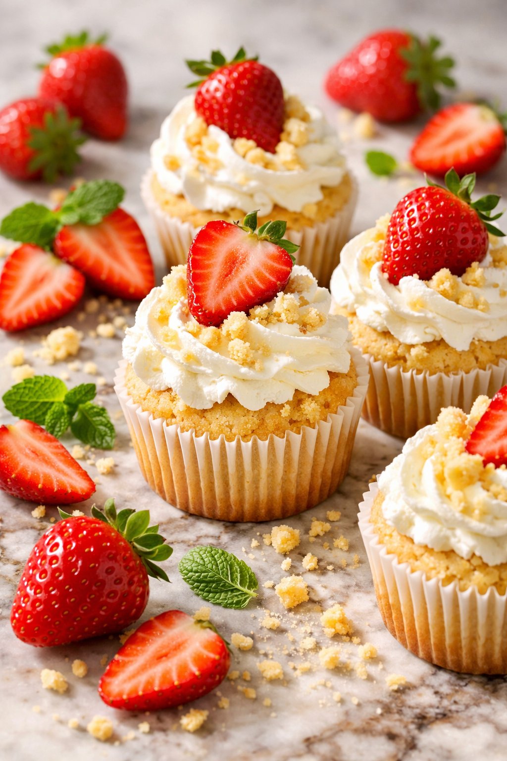 Close-up of strawberry shortcake cupcakes topped with fresh strawberries and whipped cream on a rustic surface with scattered strawberries and mint leaves.