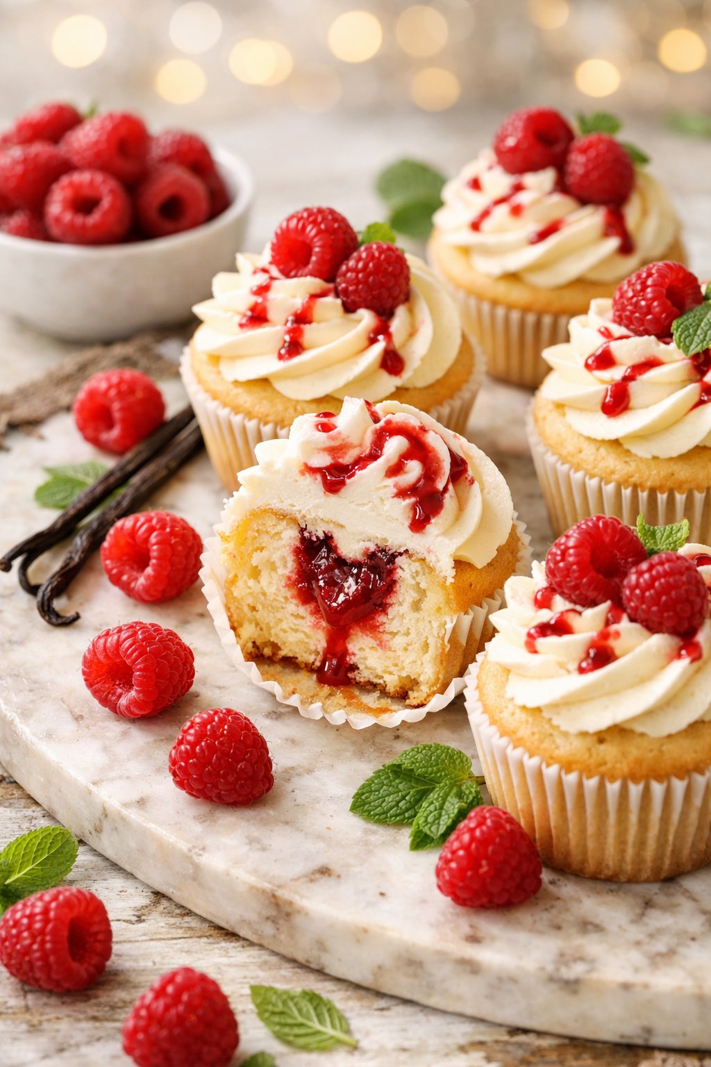 A close-up of vanilla cupcakes filled with raspberry, arranged on a wood or marble surface with raspberries and mint leaves around them.