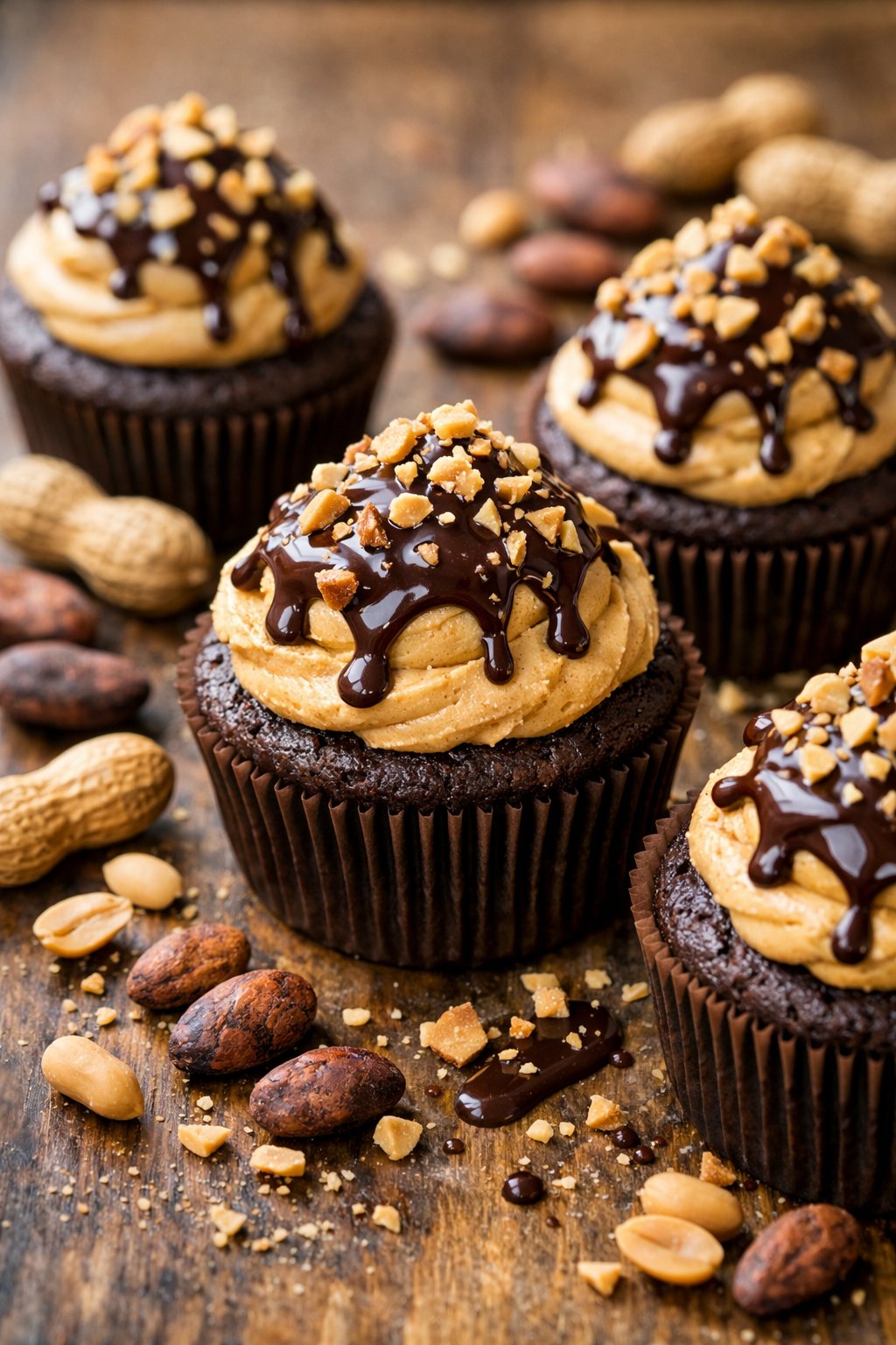 A group of chocolate peanut butter cupcakes on a rustic wooden surface with peanut butter frosting and chocolate drizzle, surrounded by peanuts and cocoa beans.