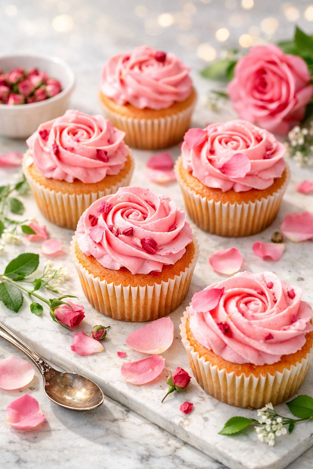 A close-up of rose-flavored cupcakes with pink buttercream frosting arranged on a rustic surface with fresh rose petals and greenery around them.