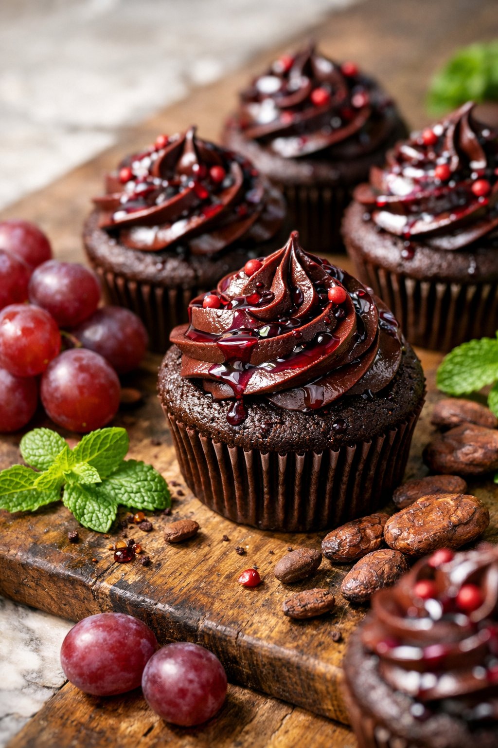 A close-up of chocolate cupcakes with red wine glaze on a rustic wood surface, surrounded by fresh grapes and mint leaves.