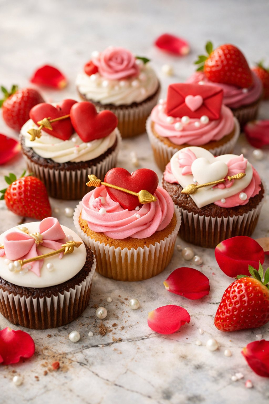 A top or angled view of Valentine’s Day cupcakes decorated with fondant bows and fresh ingredients on a rustic wooden or marble surface.